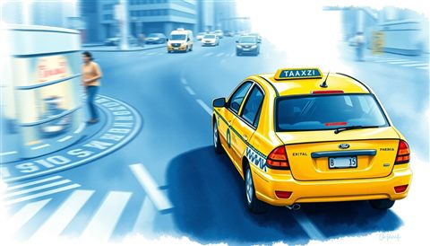 Watercolor illustration of A modern yellow taxi cab driving down a bustling city avenue with motion blur, high-angle view from above, cool blue tones, quiet atmosphere, 16:9 aspect ratio