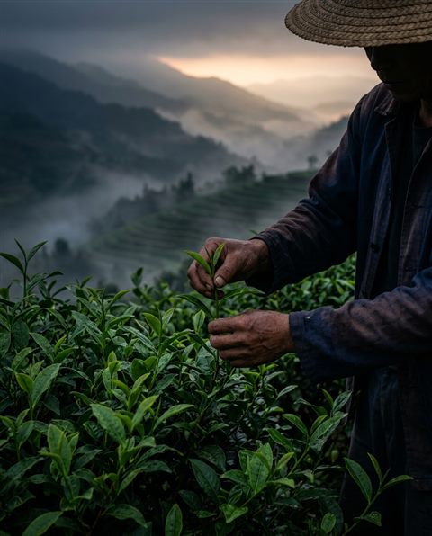 Photorealistic photo of Close-up of fresh green tea leaves being harvested in a misty mountain plantation at sunrise, centered subject with a simple uncluttered composition, moody dark tones, dramatic lighting, 4:5 aspect ratio