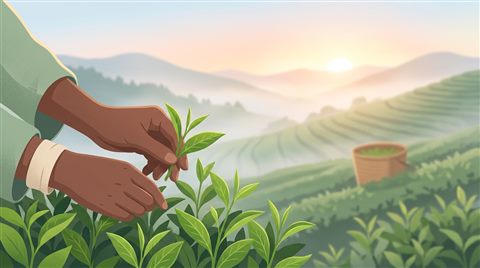 Minimal flat illustration of Close-up of fresh green tea leaves being harvested in a misty mountain plantation at sunrise, close-up detail with shallow depth of field, soft pastel colors, bright and cozy, 16:9 aspect ratio