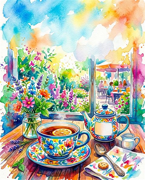 Watercolor illustration of cup of tea, wide shot with open space at the top for text, vivid colors, high contrast, energetic, 4:5 aspect ratio