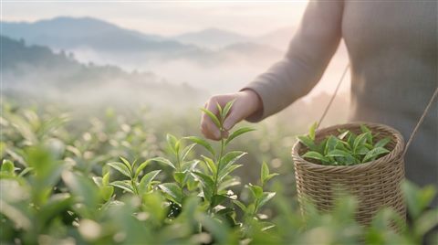 Soft 3D render of Close-up of fresh green tea leaves being harvested in a misty mountain plantation at sunrise, close-up detail with shallow depth of field, misty morning haze, dreamy, 16:9 aspect ratio