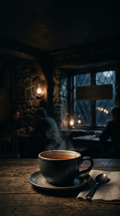 Cinematic film still of cup of tea, wide shot with open space at the top for text, moody dark tones, dramatic lighting, 9:16 aspect ratio