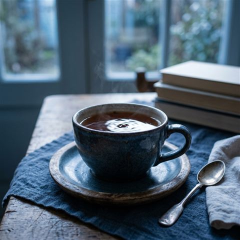 차 한 잔, 사실적인 사진, 가까이 담은 디테일, 얕은 심도, 차가운 푸른 톤, 고요한 분위기, 1:1 비율