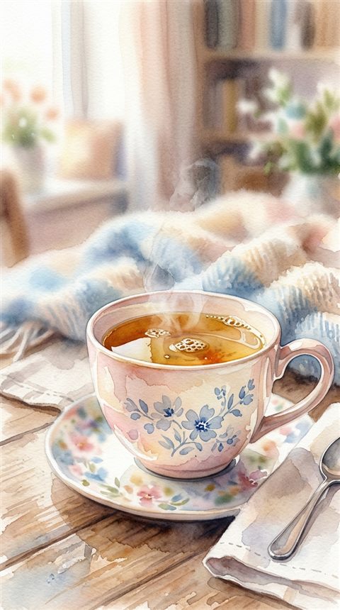차 한 잔, 수채화 일러스트, 가까이 담은 디테일, 얕은 심도, 부드러운 파스텔 색감, 밝고 포근한 분위기, 9:16 비율