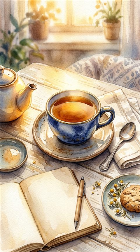 차 한 잔, 수채화 일러스트, 위에서 내려다본 구도, 따뜻한 황금빛, 차분한 분위기, 9:16 비율