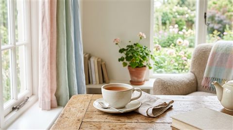 Photorealistic photo of cup of tea, wide shot with open space at the top for text, soft pastel colors, bright and cozy, 16:9 aspect ratio