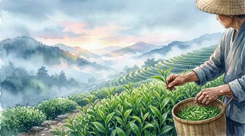 Watercolor illustration of Close-up of fresh green tea leaves being harvested in a misty mountain plantation at sunrise, wide shot with open space at the top for text, cool blue tones, quiet atmosphere, 16:9 aspect ratio