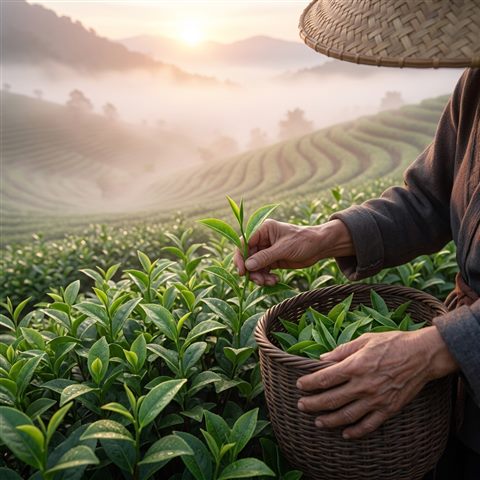 Soft 3D render of Close-up of fresh green tea leaves being harvested in a misty mountain plantation at sunrise, high-angle view from above, misty morning haze, dreamy, 1:1 aspect ratio