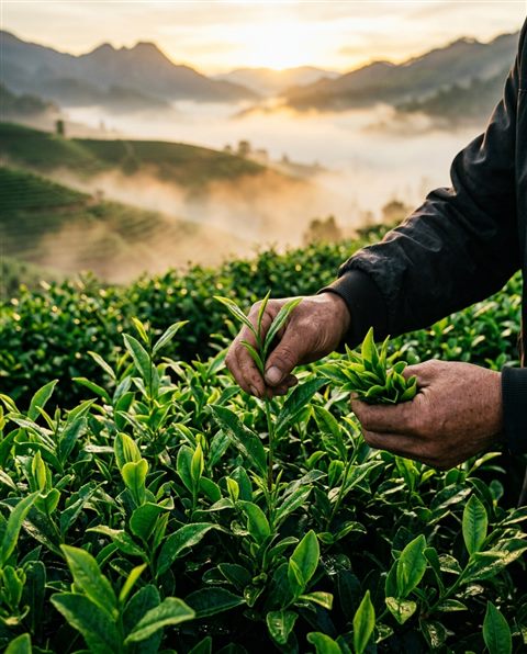 Cinematic film still of Close-up of fresh green tea leaves being harvested in a misty mountain plantation at sunrise, centered subject with a simple uncluttered composition, vivid colors, high contrast, energetic, 4:5 aspect ratio