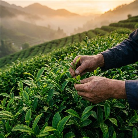 Photorealistic photo of Close-up of fresh green tea leaves being harvested in a misty mountain plantation at sunrise, high-angle view from above, warm golden light, calm mood, 1:1 aspect ratio