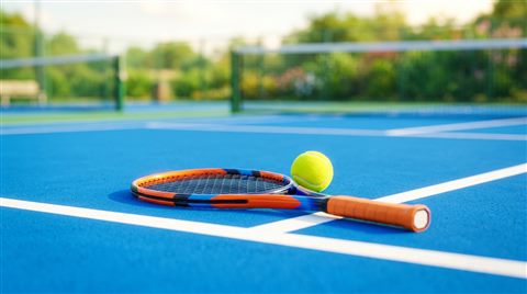 Soft 3d render of a tennis racket and ball on a court, centered subject with a simple uncluttered composition, vivid colors, high contrast, energetic, 16:9 aspect ratio
