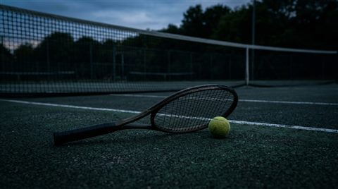 Photorealistic photo of a tennis racket and ball on a court, centered subject with a simple uncluttered composition, moody dark tones, dramatic lighting, 16:9 aspect ratio