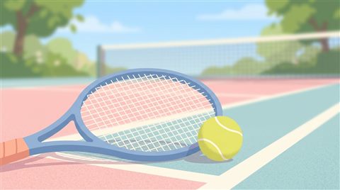 Minimal flat illustration of a tennis racket and ball on a court, close-up detail with shallow depth of field, soft pastel colors, bright and cozy, 16:9 aspect ratio