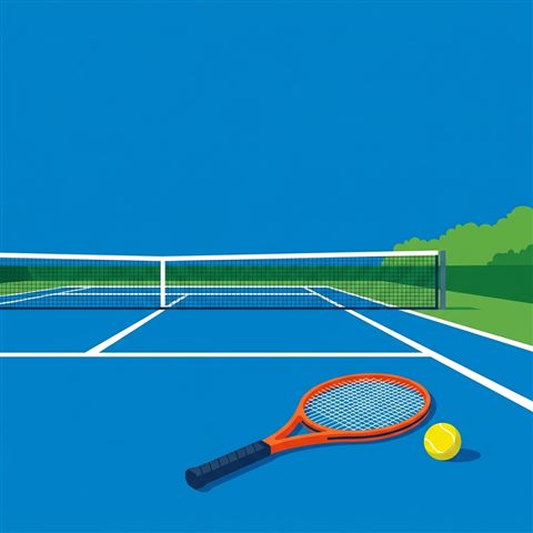 Minimal flat illustration of a tennis racket and ball on a court, wide shot with open space at the top for text, vivid colors, high contrast, energetic, 1:1 aspect ratio