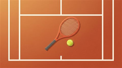 Minimal flat illustration of a tennis racket and ball on a court, high-angle view from above, warm golden light, calm mood, 16:9 aspect ratio