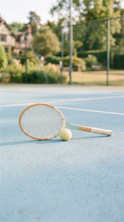 Cinematic film still of a tennis racket and ball on a court, centered subject with a simple uncluttered composition, soft pastel colors, bright and cozy, 9:16 aspect ratio