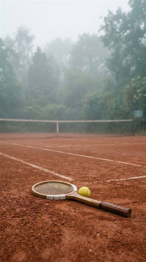 Cinematic film still of a tennis racket and ball on a court, wide shot with open space at the top for text, misty morning haze, dreamy, 9:16 aspect ratio
