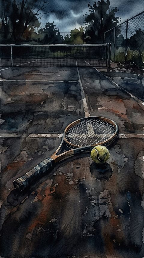 Watercolor illustration of a tennis racket and ball on a court, high-angle view from above, moody dark tones, dramatic lighting, 9:16 aspect ratio