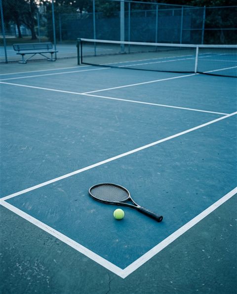 Cinematic film still of a tennis racket and ball on a court, high-angle view from above, cool blue tones, quiet atmosphere, 4:5 aspect ratio