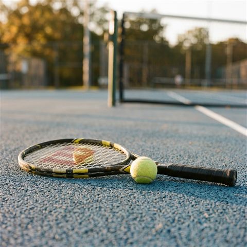 Photorealistic photo of a tennis racket and ball on a court, close-up detail with shallow depth of field, warm golden light, calm mood, 1:1 aspect ratio
