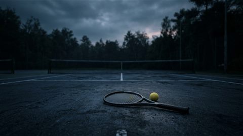 Soft 3d render of a tennis racket and ball on a court, wide shot with open space at the top for text, moody dark tones, dramatic lighting, 16:9 aspect ratio