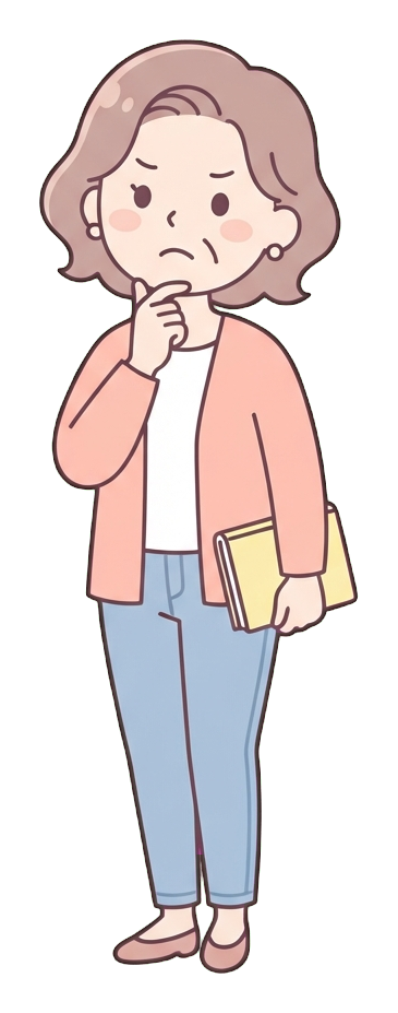 턱에 손을 대고 고민하는 사람, 중년 여성, 귀여운 플랫 만화 일러스트, 투명 배경(누끼) PNG