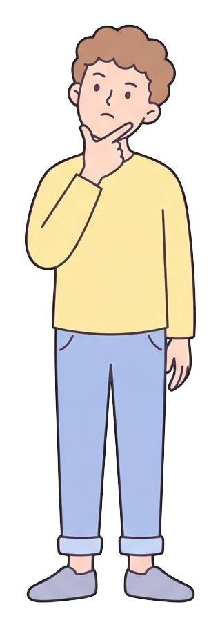 턱에 손을 대고 고민하는 사람, 20대 남성, 귀여운 플랫 만화 일러스트, 투명 배경(누끼) PNG