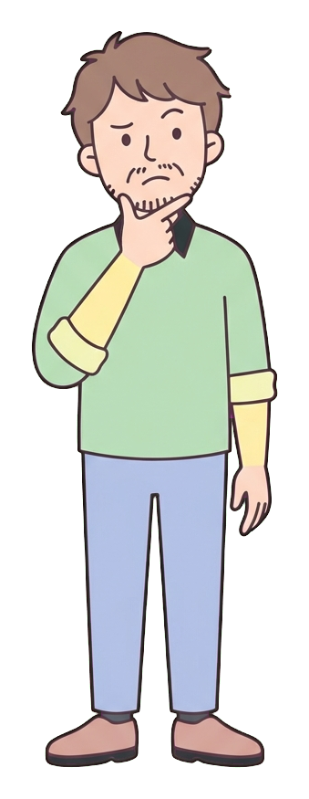 턱에 손을 대고 고민하는 사람, 중년 남성, 귀여운 플랫 만화 일러스트, 투명 배경(누끼) PNG