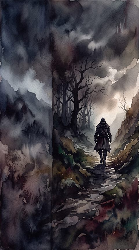 Watercolor illustration of bold dramatic background with empty space on the left half for a person and a title, centered subject with a simple uncluttered composition, moody dark tones, dramatic lighting, 9:16 aspect ratio