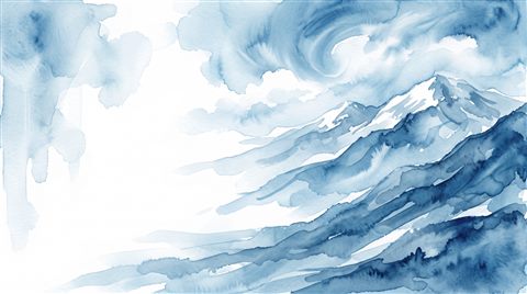 Watercolor illustration of bold dramatic background with empty space on the left half for a person and a title, wide shot with open space at the top for text, cool blue tones, quiet atmosphere, 16:9 aspect ratio