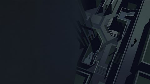 Minimal flat illustration of bold dramatic background with empty space on the left half for a person and a title, high-angle view from above, moody dark tones, dramatic lighting, 16:9 aspect ratio