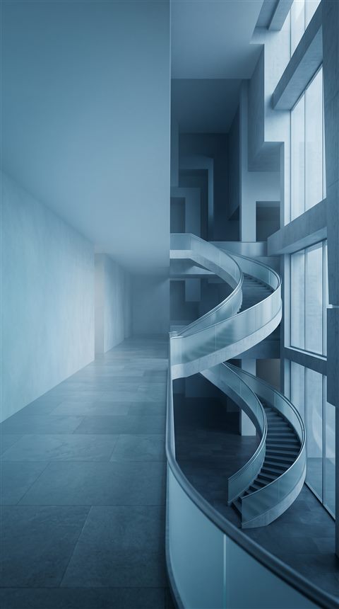 Soft 3d render of bold dramatic background with empty space on the left half for a person and a title, high-angle view from above, cool blue tones, quiet atmosphere, 9:16 aspect ratio