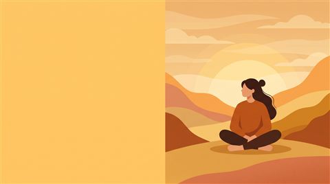 Minimal flat illustration of bold dramatic background with empty space on the left half for a person and a title, centered subject with a simple uncluttered composition, warm golden light, calm mood, 16:9 aspect ratio