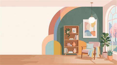 Minimal flat illustration of bold dramatic background with empty space on the left half for a person and a title, wide shot with open space at the top for text, soft pastel colors, bright and cozy, 16:9 aspect ratio