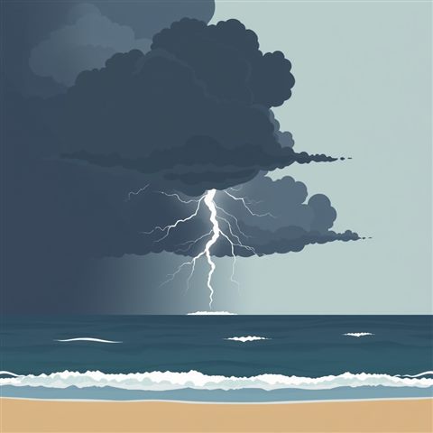 Minimal flat illustration of Dark dramatic storm clouds over a stormy sea with a powerful lightning bolt striking the water, centered subject with a simple uncluttered composition, soft pastel colors, bright and cozy, 1:1 aspect ratio