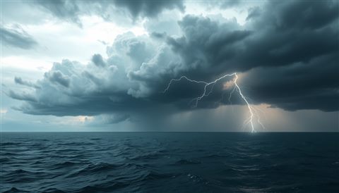 Soft 3D render of Dark dramatic storm clouds over a stormy sea with a powerful lightning bolt striking the water, wide shot with open space at the top for text, misty morning haze, dreamy, 16:9 aspect ratio