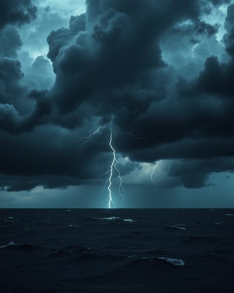 Photorealistic photo of Dark dramatic storm clouds over a stormy sea with a powerful lightning bolt striking the water, close-up detail with shallow depth of field, moody dark tones, dramatic lighting, 4:5 aspect ratio