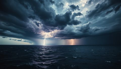 Cinematic film still of Dark dramatic storm clouds over a stormy sea with a powerful lightning bolt striking the water, high-angle view from above, vivid colors, high contrast, energetic, 16:9 aspect ratio