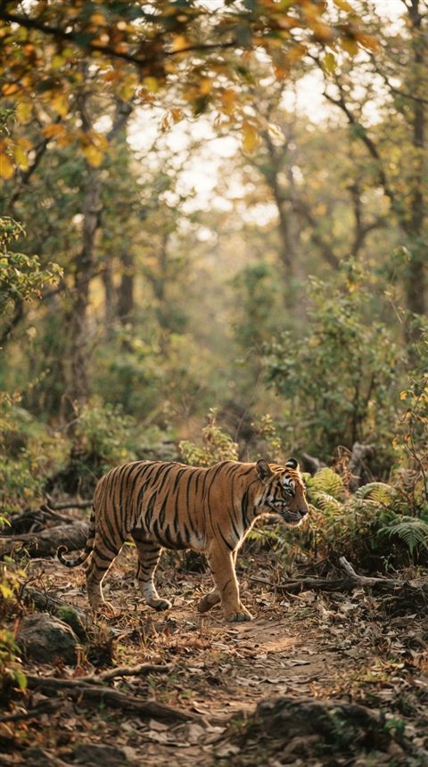 Cinematic film still of a majestic tiger, wide shot with open space at the top for text, warm golden light, calm mood, 9:16 aspect ratio