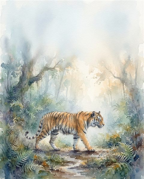 Watercolor illustration of a majestic tiger, wide shot with open space at the top for text, misty morning haze, dreamy, 4:5 aspect ratio