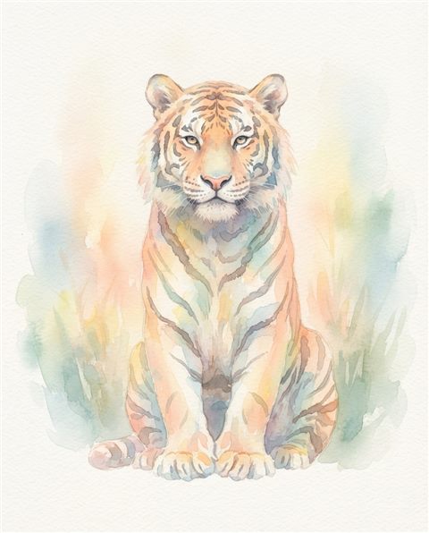 Watercolor illustration of a majestic tiger, centered subject with a simple uncluttered composition, soft pastel colors, bright and cozy, 4:5 aspect ratio