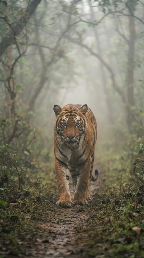 Cinematic film still of a majestic tiger, centered subject with a simple uncluttered composition, misty morning haze, dreamy, 9:16 aspect ratio
