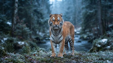 Photorealistic photo of a majestic tiger, centered subject with a simple uncluttered composition, cool blue tones, quiet atmosphere, 16:9 aspect ratio