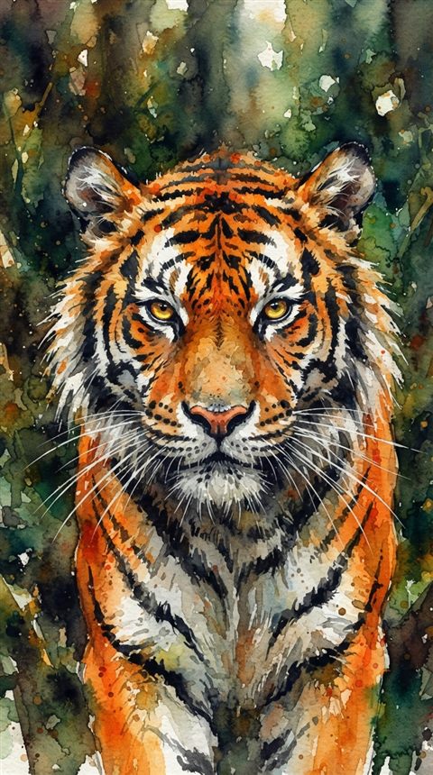 Watercolor illustration of a majestic tiger, close-up detail with shallow depth of field, vivid colors, high contrast, energetic, 9:16 aspect ratio