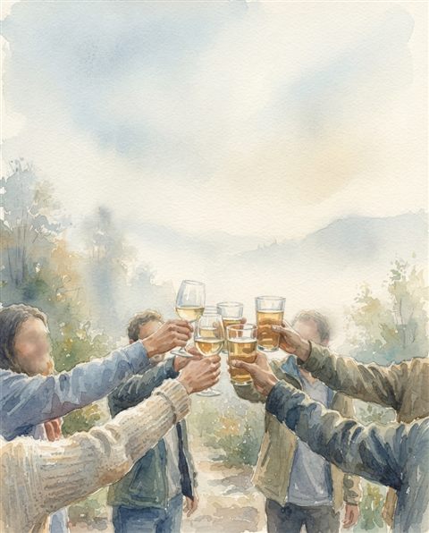 Watercolor illustration of glasses raised in a toast, wide shot with open space at the top for text, misty morning haze, dreamy, 4:5 aspect ratio