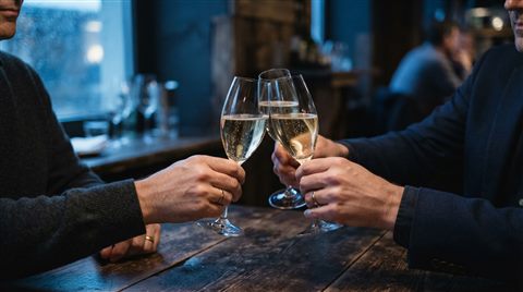 Photorealistic photo of glasses raised in a toast, centered subject with a simple uncluttered composition, cool blue tones, quiet atmosphere, 16:9 aspect ratio