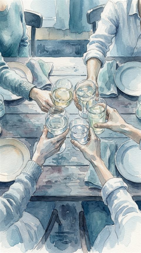 Watercolor illustration of glasses raised in a toast, high-angle view from above, cool blue tones, quiet atmosphere, 9:16 aspect ratio