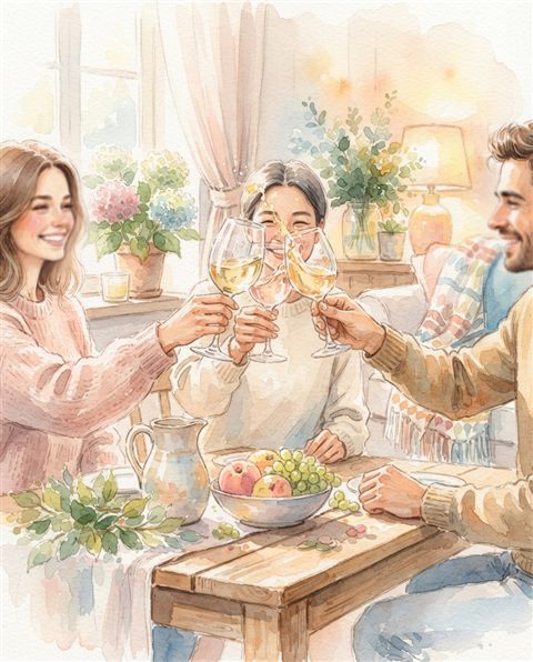 Watercolor illustration of glasses raised in a toast, centered subject with a simple uncluttered composition, soft pastel colors, bright and cozy, 4:5 aspect ratio