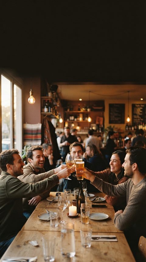 Cinematic film still of glasses raised in a toast, wide shot with open space at the top for text, warm golden light, calm mood, 9:16 aspect ratio