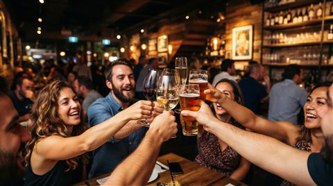 Photorealistic photo of glasses raised in a toast, wide shot with open space at the top for text, vivid colors, high contrast, energetic, 16:9 aspect ratio